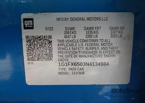 2022 Chevrolet Bolt Ev Fwd 2Lt from USA, damaged, VIN 1G1FX6S03N4134984